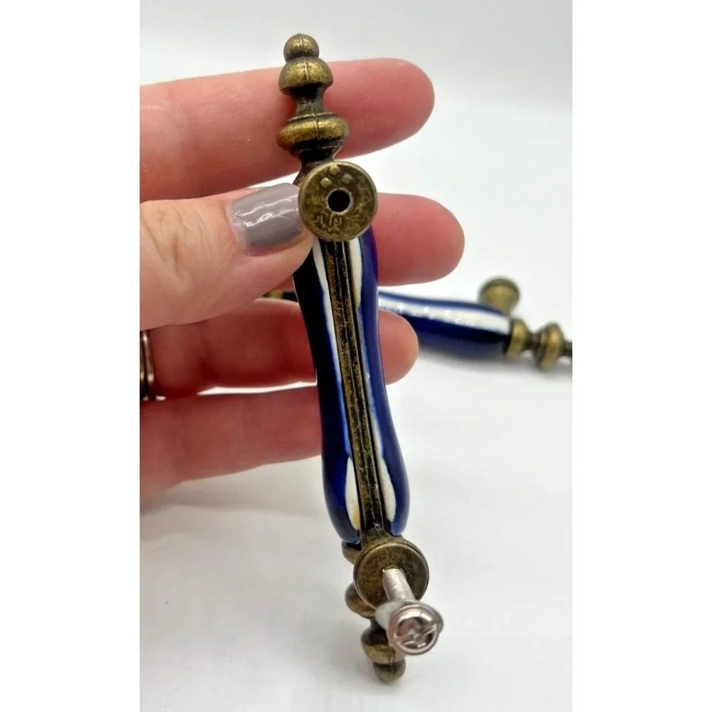 Vintage Drawer Cabinet Door Pulls Blue & White Ceramic Brass Metal Set Lot 2